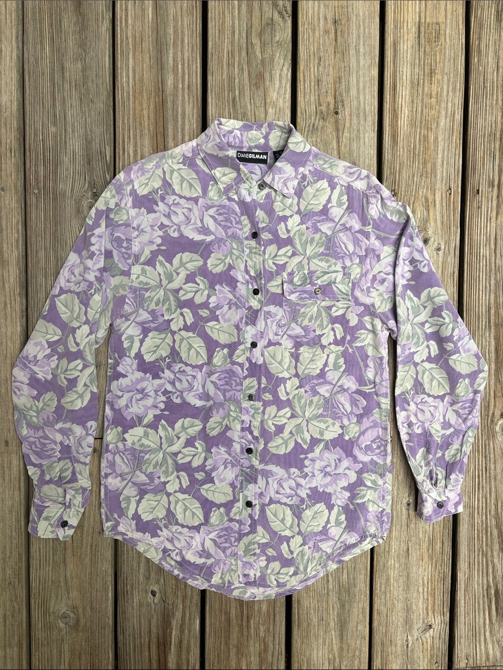 DIANE GILMAN | VTG 90s Y2K Purple Silk Floral Cottagecore Chic Blouse |‎ Size S